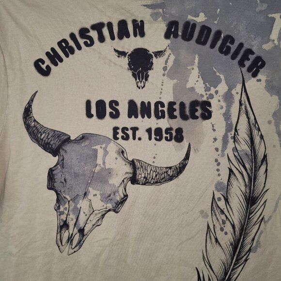 Christian Audigier TShirt Mens XL Tan Graphic Skull Feather Western Ranch Rodeo - Picture 7 of 11